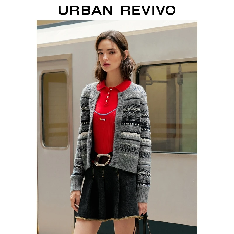 UR2025冬季新款女装格雷系图案肌理感针织开衫UYU950126+