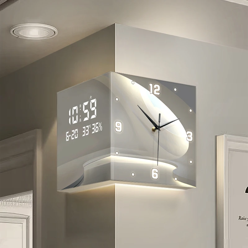 客厅创意转角时钟壁灯数显万年历电子钟表挂墙年新款双面挂钟