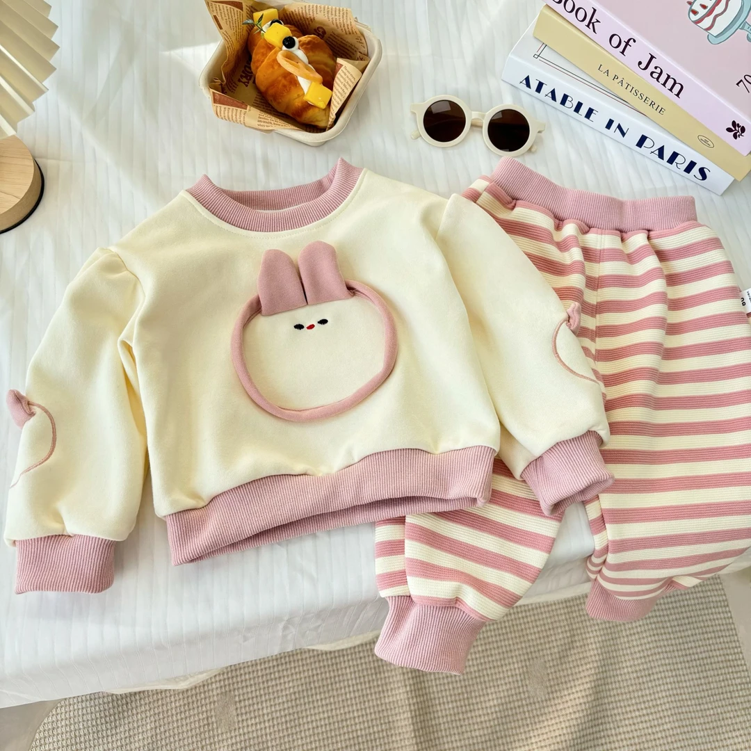 【甜甜兔】25早春儿童套装女宝粉耳朵兔子韩版卡通女童套装SJ-J-A16