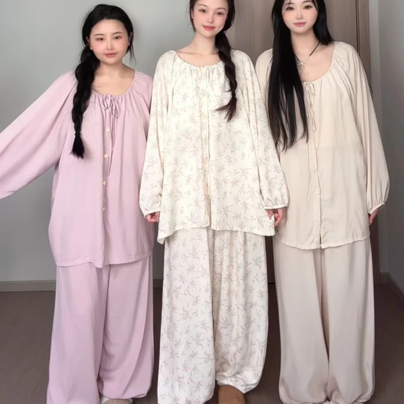 【防凸点带胸垫套装】新款春秋季棉绸家居服宽松大码开衫长袖长裤