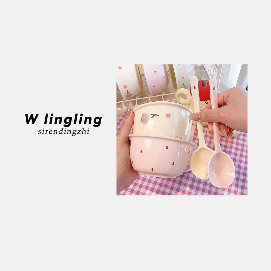 【2碗2勺】奶油草莓陶瓷碗ins可爱少女碗高颜值宿舍套装餐具甜品H