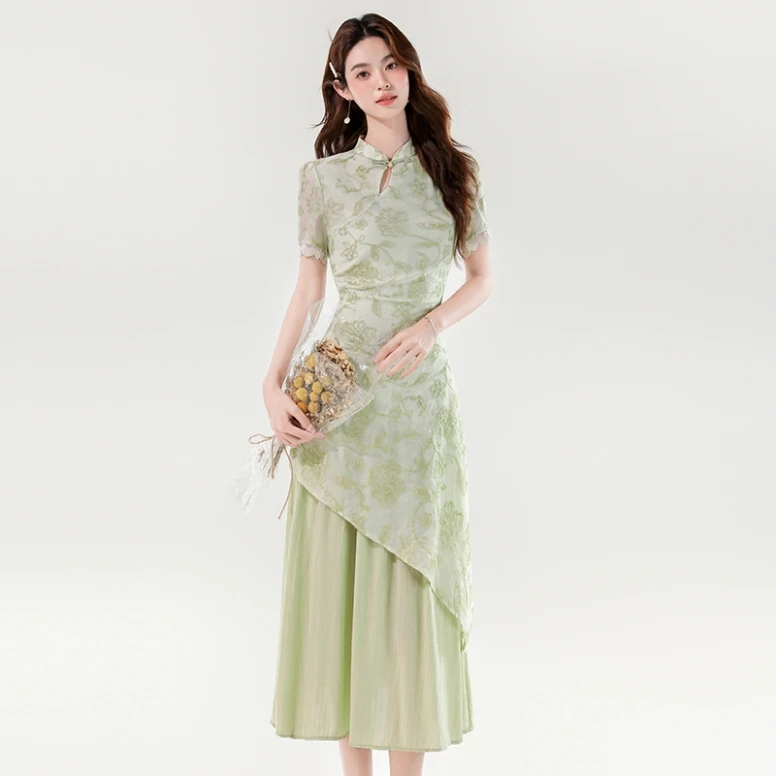 夏季法式复古中国风中式优雅气质修身收腰显瘦绿色中长款连衣裙