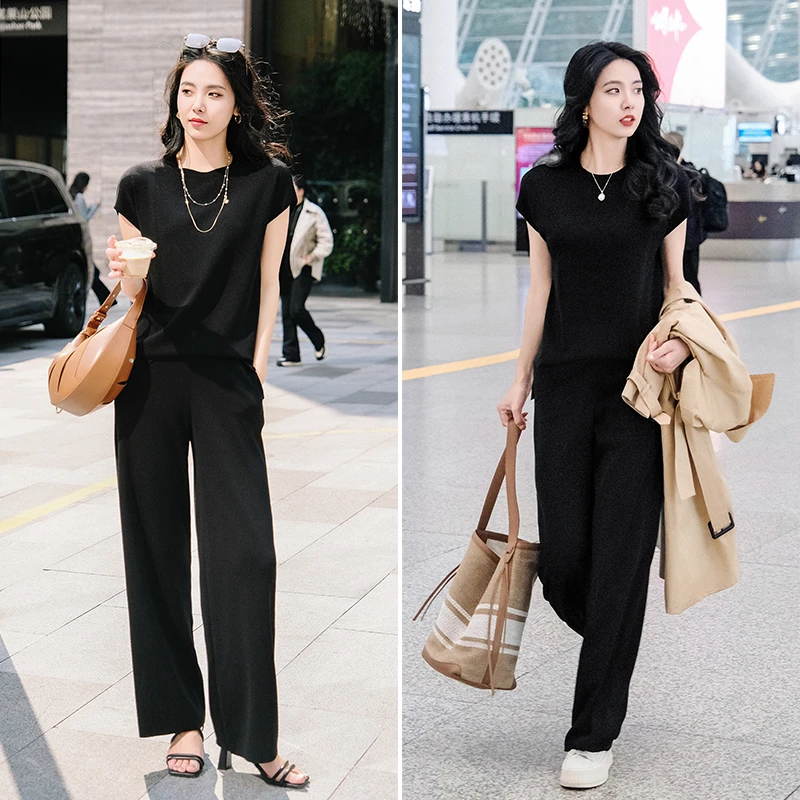 谭飞黑松露套装曲珠纱干爽透气 简约大气 显高显瘦 针织套装可分