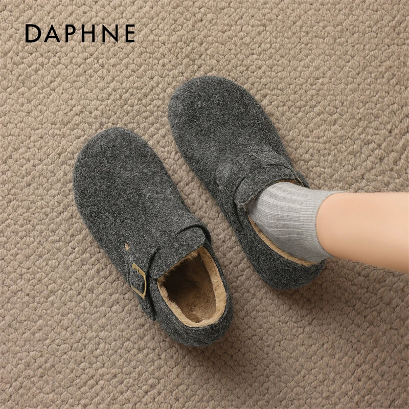 达芙妮灰色勃肯鞋女2025新款加绒加厚保暖棉鞋一脚蹬软底全包单鞋