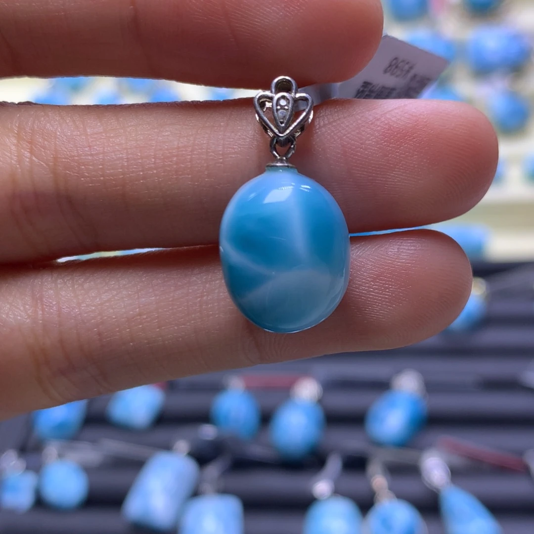 针钠钙石（海纹石）银S925镶嵌吊坠(不含链)蛋面吊坠色差略异