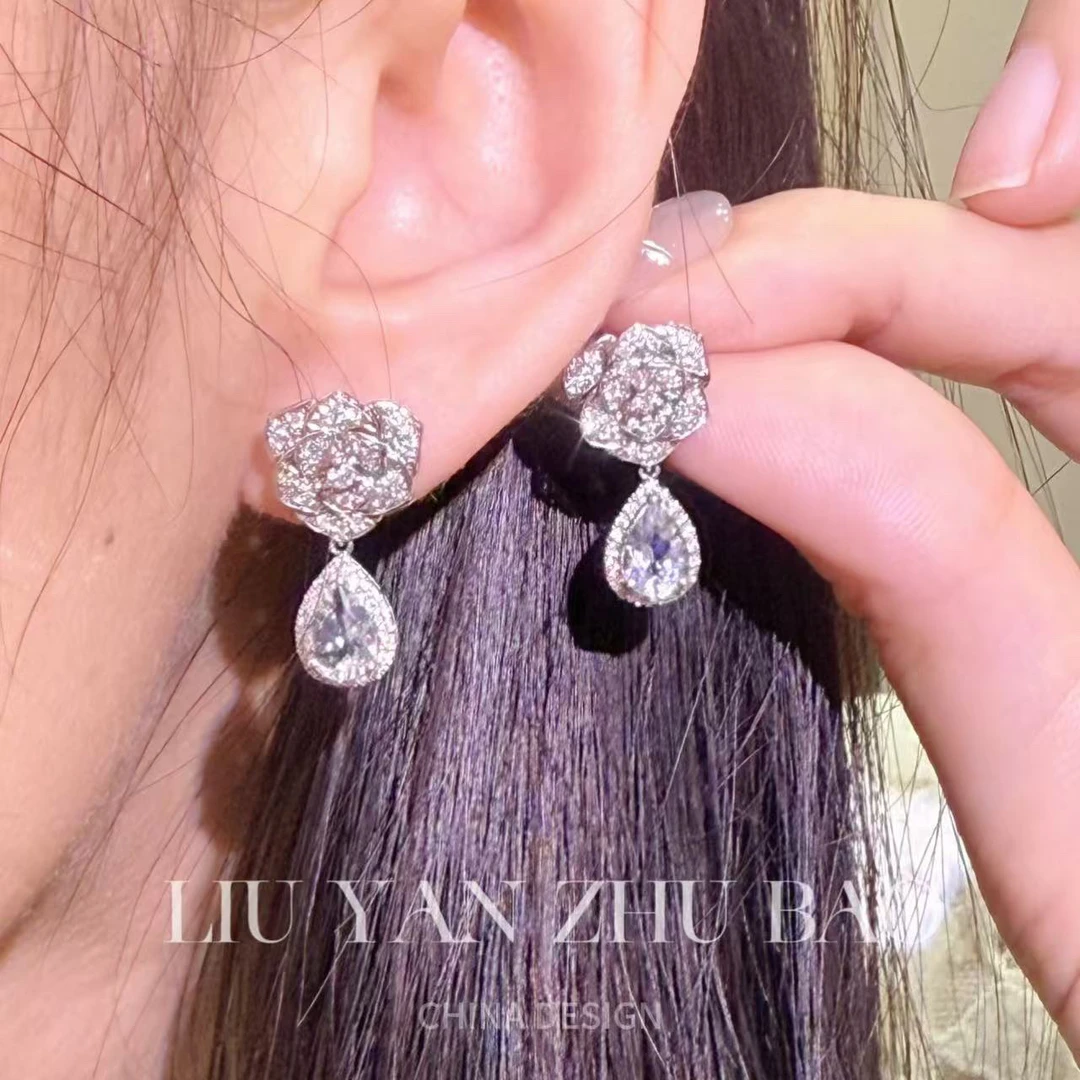 【六言高定】海蓝宝山茶花水滴耳钉
