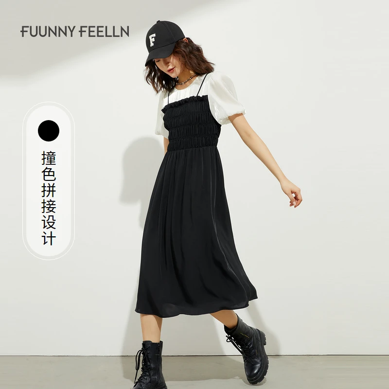 FF||仿佛夏季度假风宽松连衣裙撞色雪纺泡泡袖FF01472