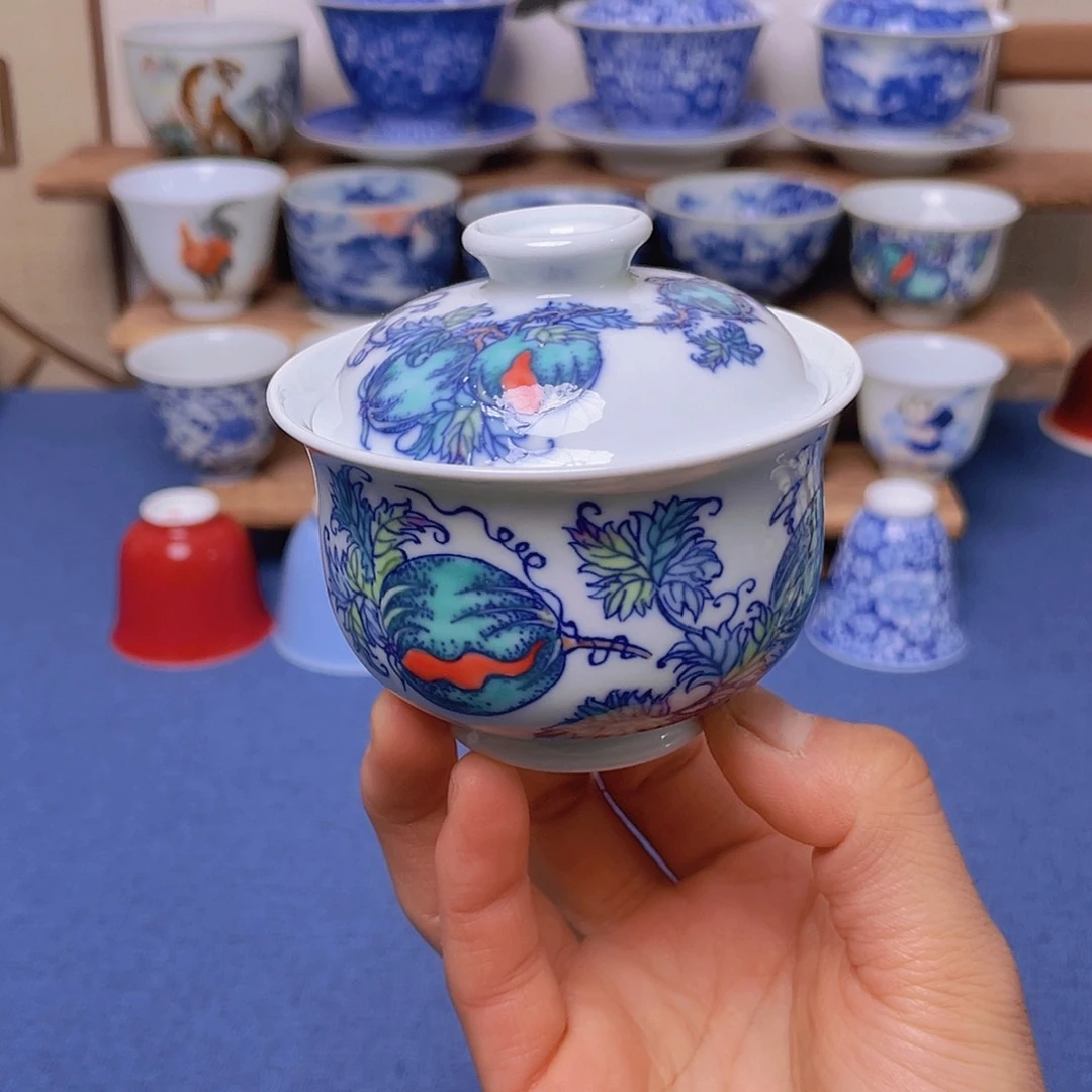 景德镇手工西瓜斗彩盖碗