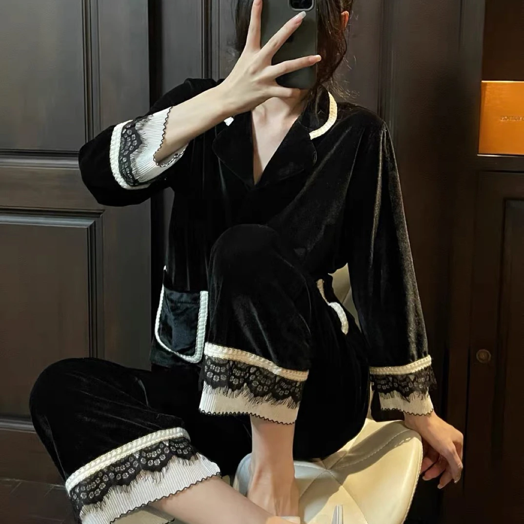 女士冬季双面绒加绒加厚保暖可外穿蕾丝边睡衣套装轻奢高级感秋冬