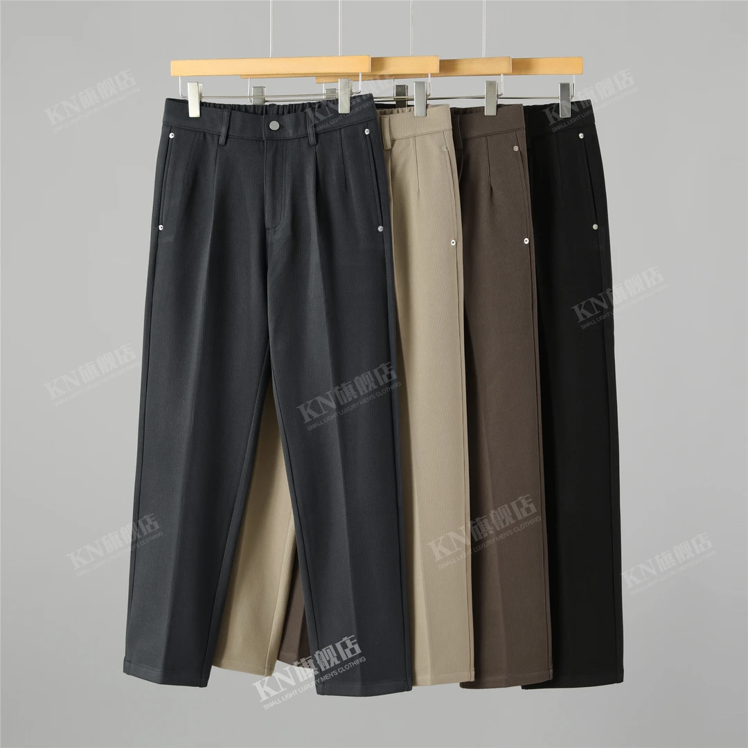 轻奢复古重磅微锥小直筒毛呢裤口袋钉扣设计保暖百搭休闲男士长裤