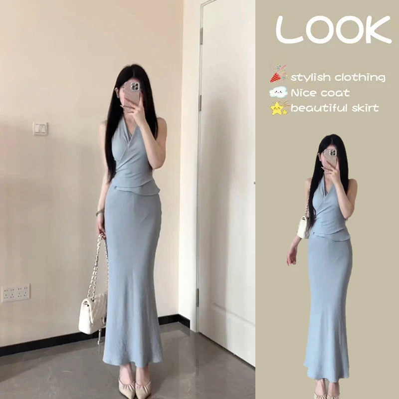 绝美开春小套装时尚2025年夏季新款V领无袖上衣高腰半身裙两件套