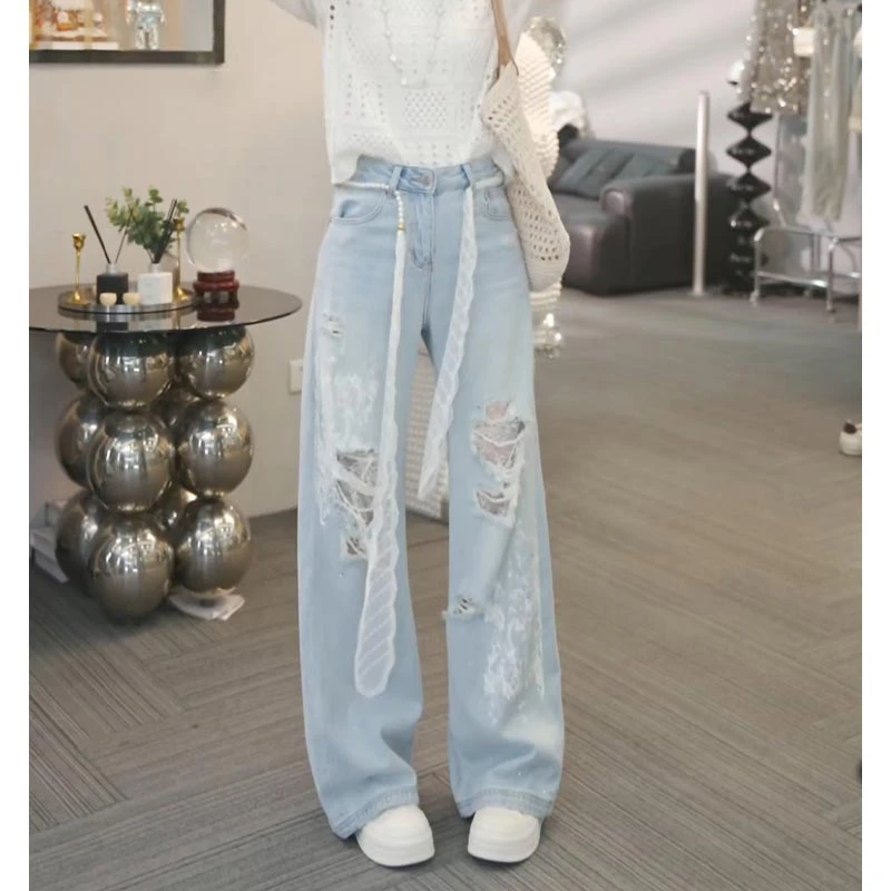 韩系时尚破洞牛仔裤女2025年春夏季新款气质宽松设计感直筒阔腿裤