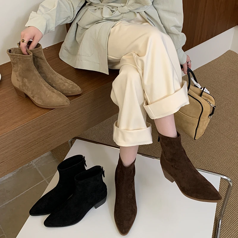 后拉链短靴女2025新款秋季时尚百搭粗跟单靴尖头粗跟瘦瘦靴骑士靴