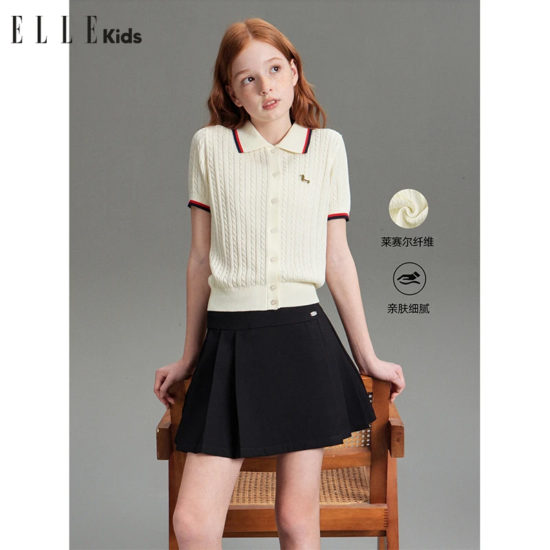 ELLE KIDS 撞色短袖针织开衫女童夏季新款醋酸莱赛尔老钱上衣A3