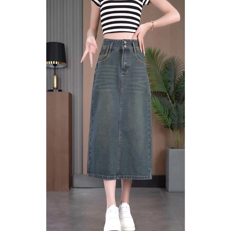 2025夏季薄款半身裙显瘦后复古开叉中长款百搭牛仔裙小个子高腰2