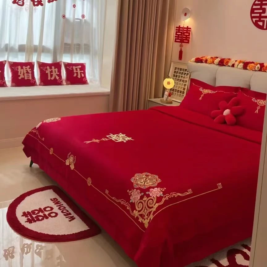南通婚庆新款结婚四件套纯棉被套陪嫁新房红色喜被婚庆床上用品4