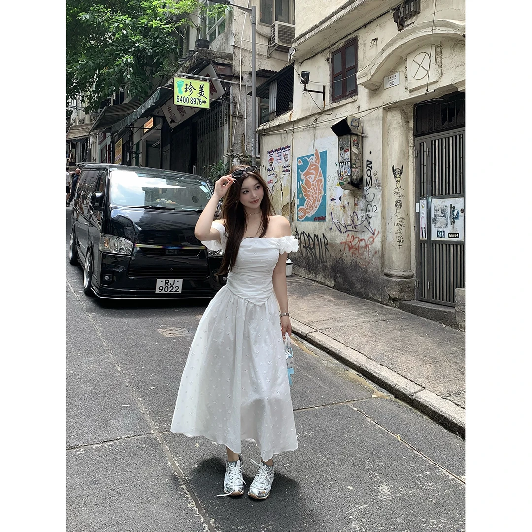 野生辣辣 月光少女 微胖mm一字肩上衣半身长裙女夏季半身裙套装