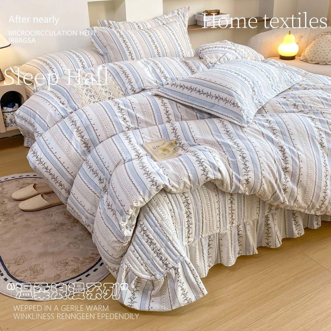 新品！A类皱皱纱床盖款四件套花边印花被套法式加厚夹棉款床上用品
