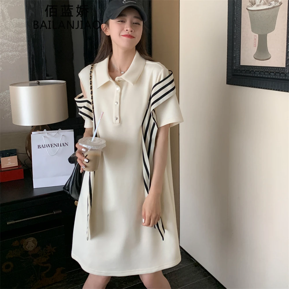 露肩t恤连衣裙女2025夏季新款法式休闲小个子减龄学院风森系裙子