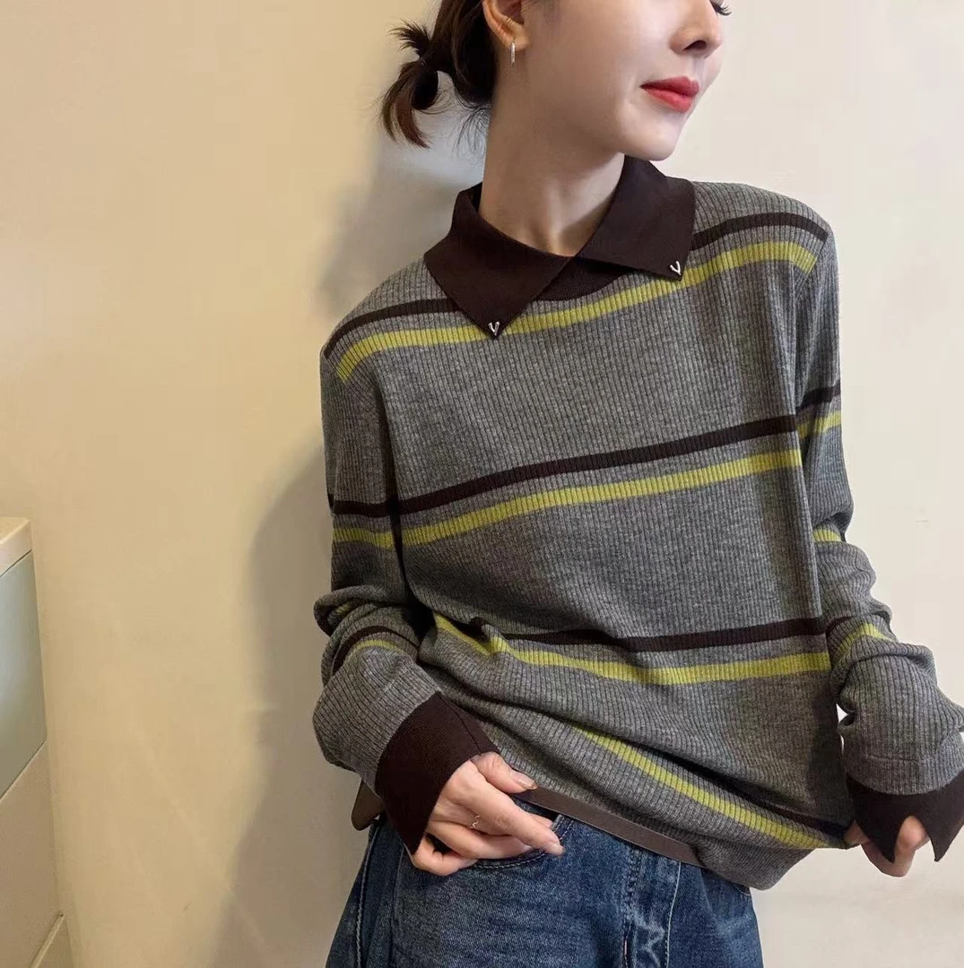 女装撞色条纹翻领针织衫女冬季宽松显瘦百搭套头毛衣上衣I2-98