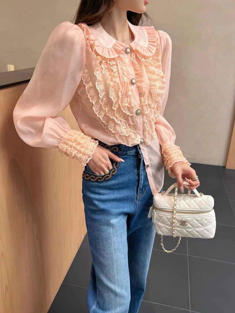蕾丝不耳边欧根纱衬衫