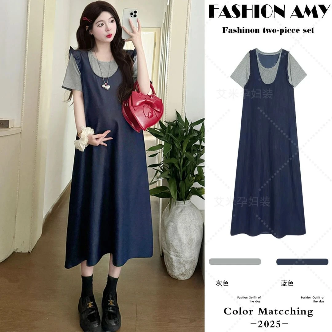 孕妇连衣裙夏季新款时尚韩版气质薄款假两件拼接休闲显瘦上衣