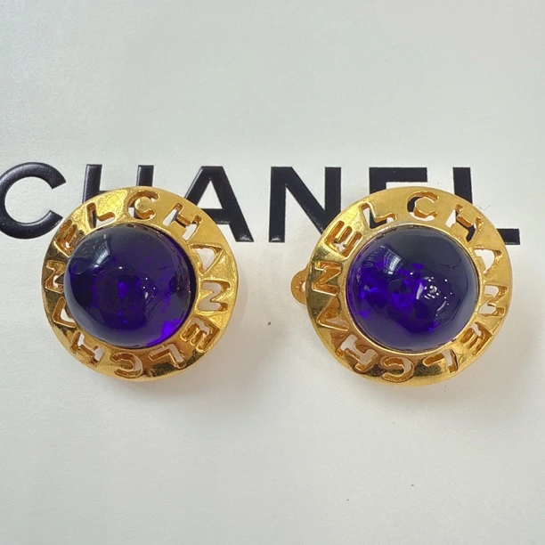 95新 Chanel/香奈儿 vintage香奈儿中古镂空字母蓝琉璃耳夹