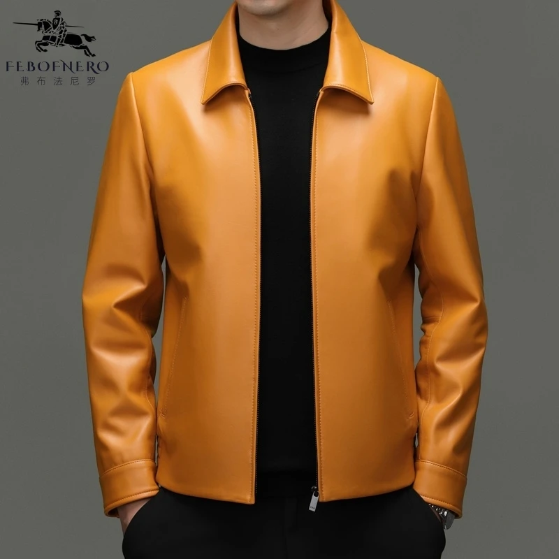 高档绵羊皮真皮男士皮衣秋冬季新款时尚百搭休闲纯色翻领高级夹克