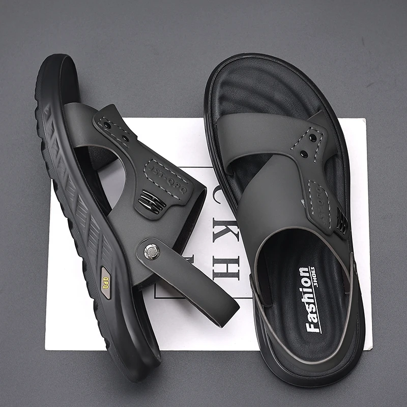 米越企头层牛皮凉鞋男士夏季新款软底外穿休闲透气时尚两用沙滩鞋