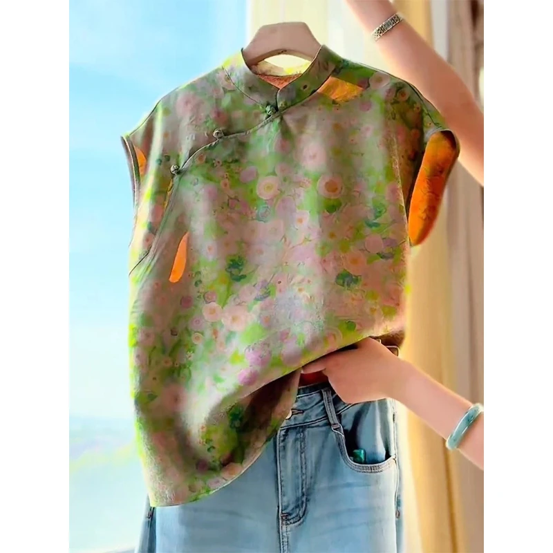 新中式绿色提花盘扣短袖衬衫女夏季国风上衣复古气质改良唐装小衫