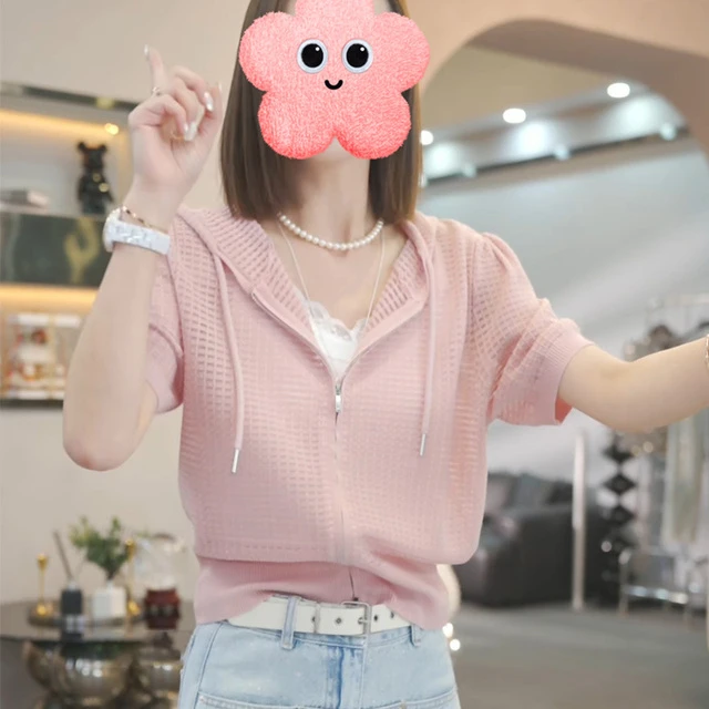 纯色镂空短袖针织衫女装薄款外搭开衫2025年夏季新款韩系连帽上衣