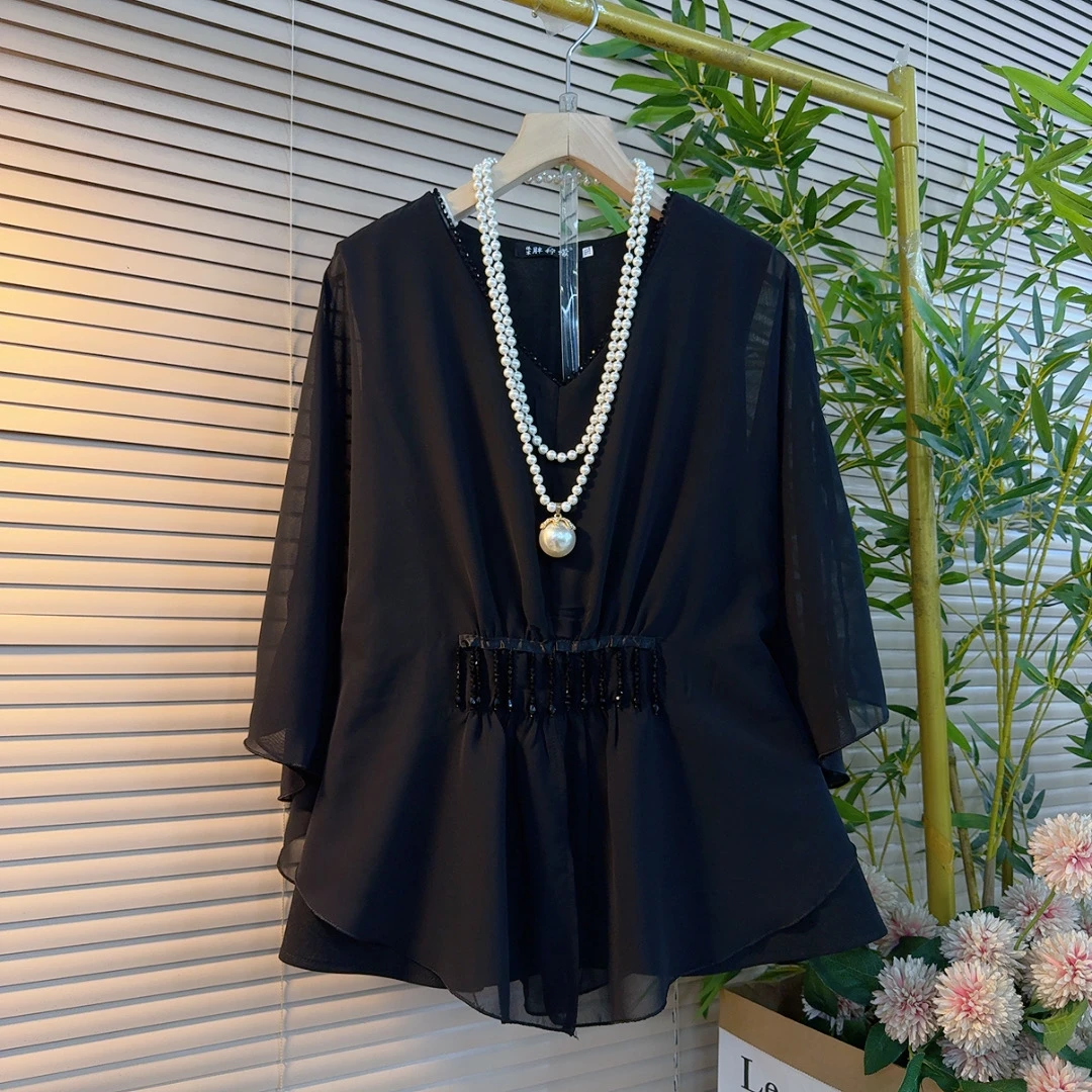 9300胖妹妹夏季网红爆款设计感洋气V领订珠显瘦蝙蝠衫叠加阔腿裤