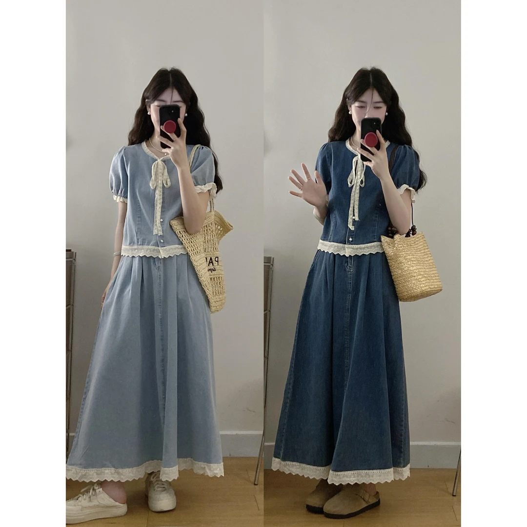 夏季新款韩版时尚气质显瘦百搭蕾丝拼接牛仔上衣半身裙两件套