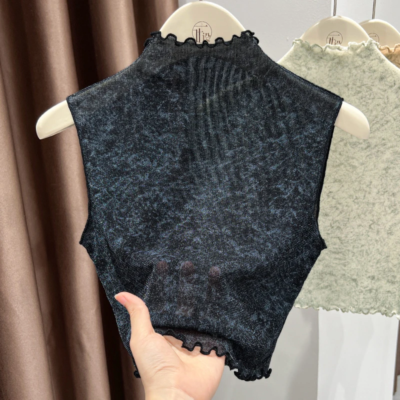 洋气时髦扎染银丝内搭假领2025秋冬新款木耳边半高领无袖打底衫