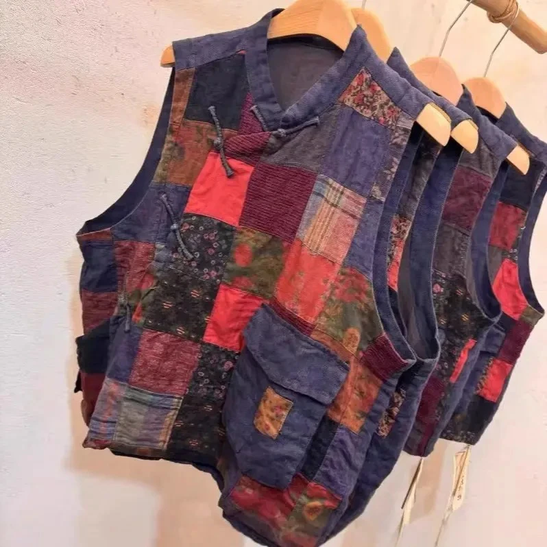 百家布双层家内衬斜襟盘扣马甲背心开衫