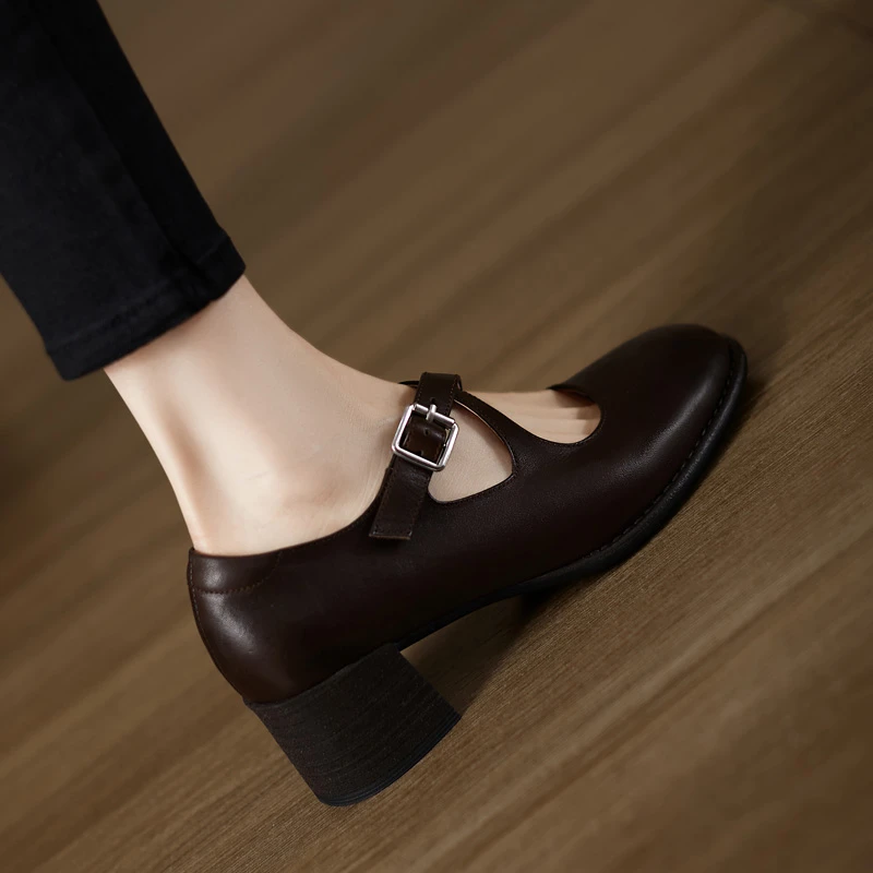 5cm~复古粗跟浅口单鞋女新款英伦风小皮鞋圆头交叉带高跟玛丽珍鞋