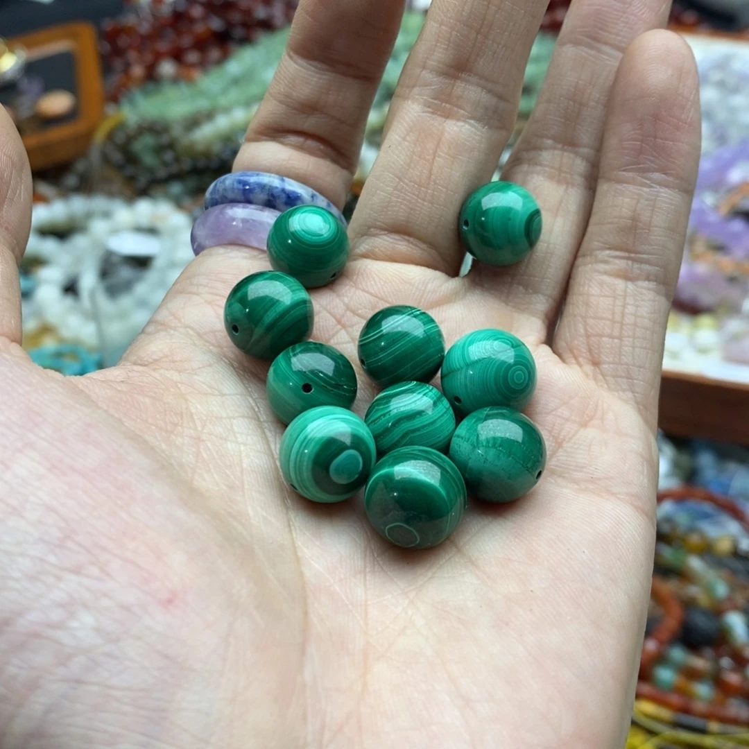 玛瑙/玉髓未镶嵌珠宝半成品两个天然12mm孔雀石圆珠