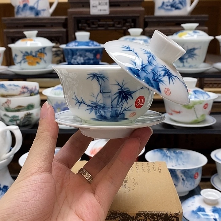 手绘咏竹盖碗150cc悬停釉下彩微瑕福利款