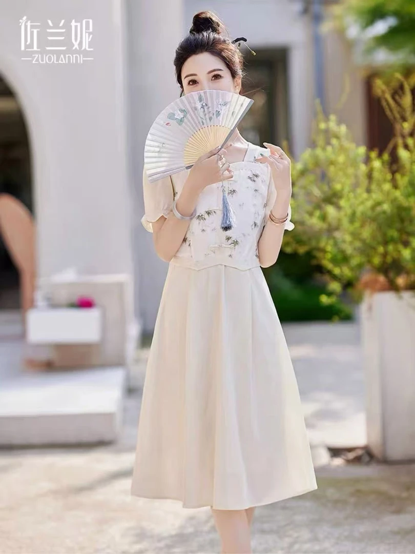 夏季新款修身百搭显瘦中长款中国风连衣裙复古时尚气质两件套女