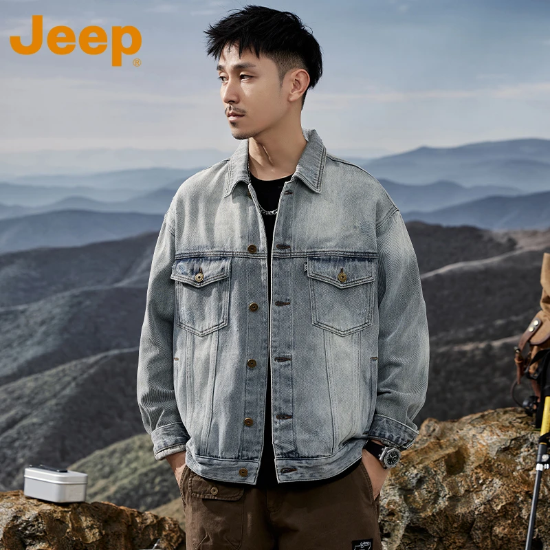 Jeep吉普美式牛仔夹克男士2025秋冬新款复古水洗做旧痞帅外套上衣