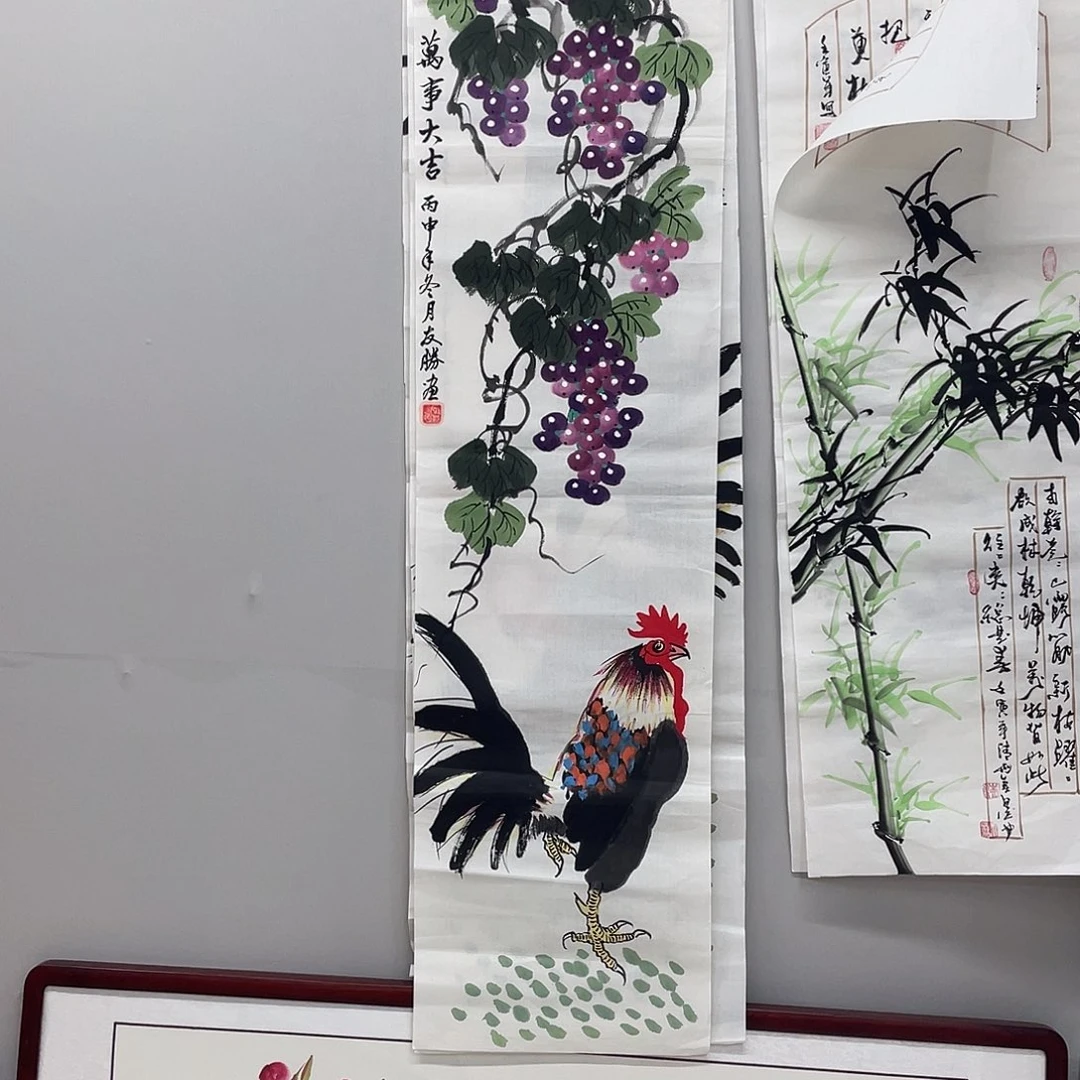 国画国画作品书法作品原稿大公鸡四条