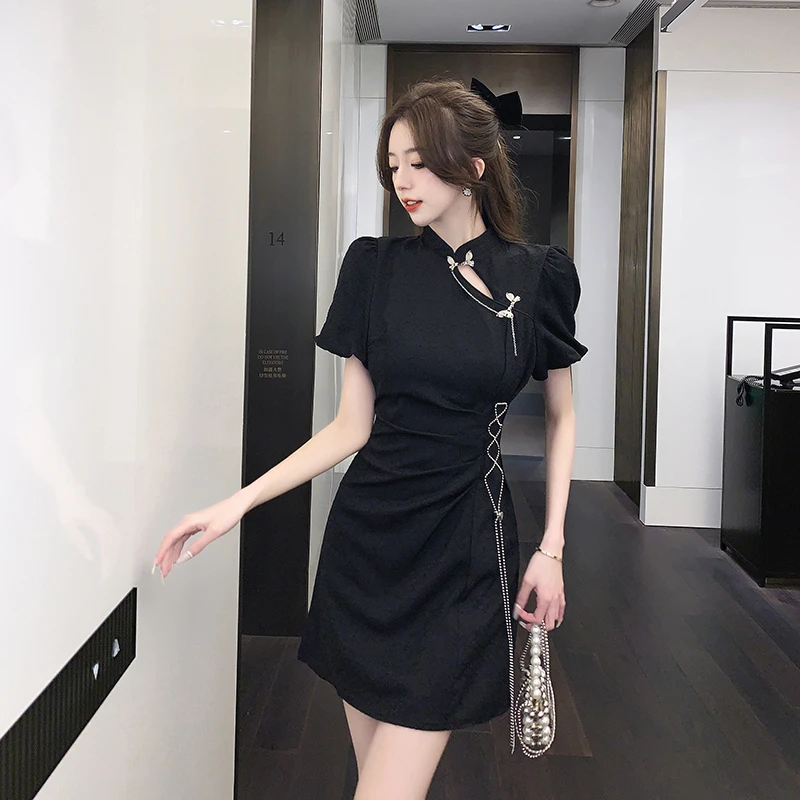 夏季2025新中式国风改良旗袍设计感蝴蝶结镂空高腰旗袍显瘦连衣裙