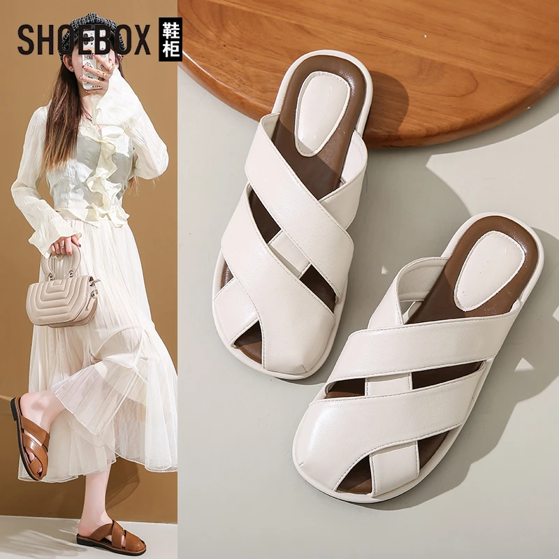 SHOEBOX鞋柜包头半拖鞋女夏季外穿2025新款时尚懒人鞋罗马凉拖鞋