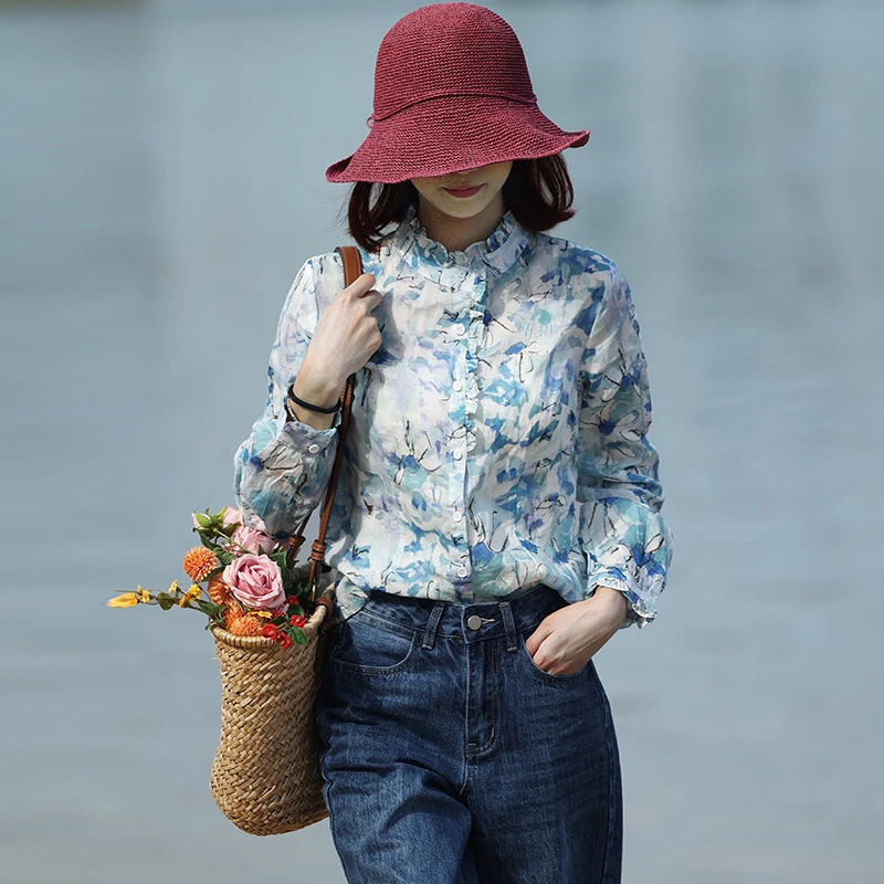 澳希美春季女式荷叶边领长袖印花苎麻衬衫显瘦小个子麻料复古上衣