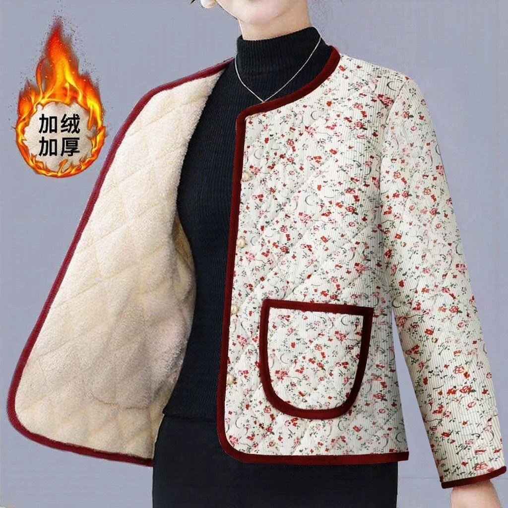 中年妈妈秋冬装小个子加绒加厚棉衣外套女士洋气保暖棉服碎花棉袄