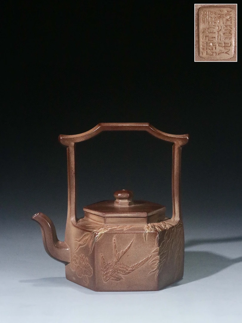 彩绘六方宫灯提梁壶 落款「荆溪史继长制」容量约230cc