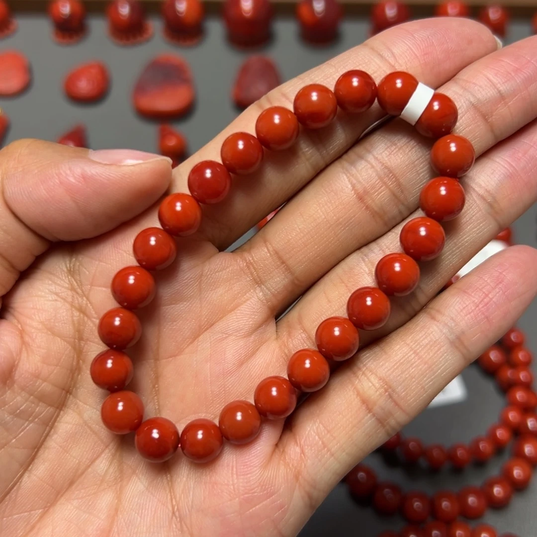 南红玛瑙未镶嵌手串 柿子锦 约7.7mm 满肉