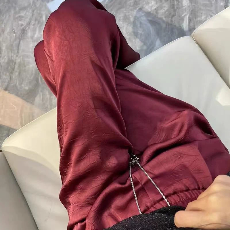 1533百搭洋气减龄压褶皱松紧腰直筒修身金属链条拖地休闲裤