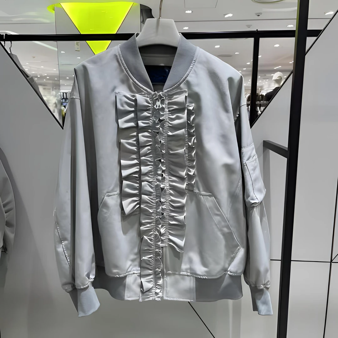超好看设计感减龄Lucky家木耳边褶皱飞行员棒球服夹克外套AW25231