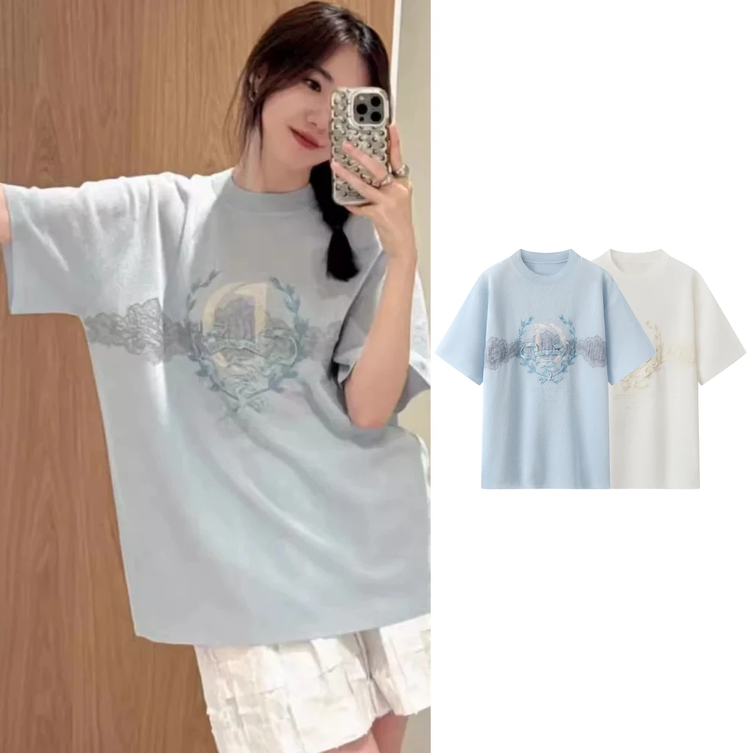 【Betterme定制】宽松字母贴布刺绣圆领短袖针织衫休闲T恤【8307】